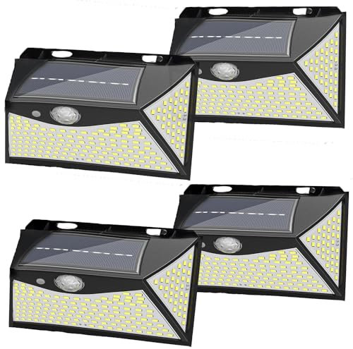 Solar Lights Outdoor,4Pack203 LED Motion Sensor Security Lights IP65 Waterproof &270° Wide Angle Outdoor Solar Wall Lights, Solar Powered Lights Outdoor Working 3 Modes Wall Lamp bracket light(White