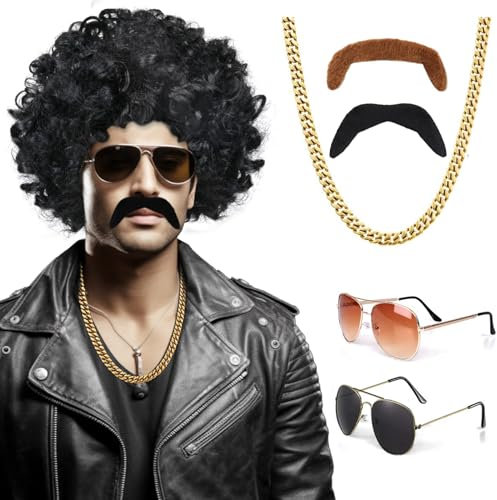 Afro Perücke 70er 80er Jahre Outfit Perücke Herren, Hippie Kostüm Herren Hippie Accessoires, Afro Perücke Schnurrbart, Vintage Brille und Halskette Für karneval, Cosplay, Kostümfeste Usw(6 Stücke)