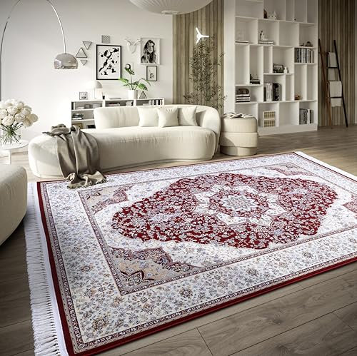 Villeroy & Boch Kurzflor Teppich Etienne - Orientalischer Wohnzimmerteppich - Dicht gewebt mit Fransen - Klassischer Teppich für Wohnzimmer, Schlafzimmer, Esszimmer, Flur – Rot Creme, 128x190cm