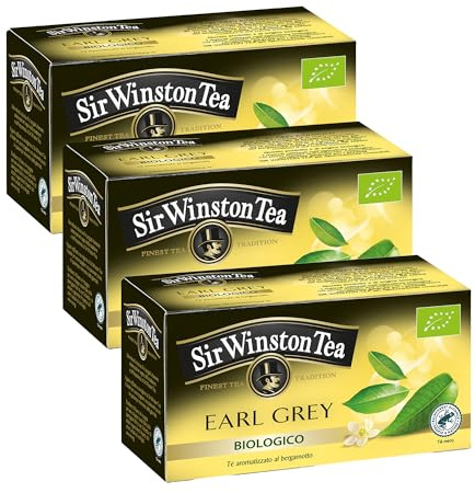 Sir Winston Tea, Earl Grey 100% Bio, 60 Filtri (3 Confezioni da 20 Filtri), Certificato RFA, Gusto Delicato e Agrumato, con Aroma Naturale di Bergamotto, Senza Lattosio, Glutine e Allergeni, Vegan