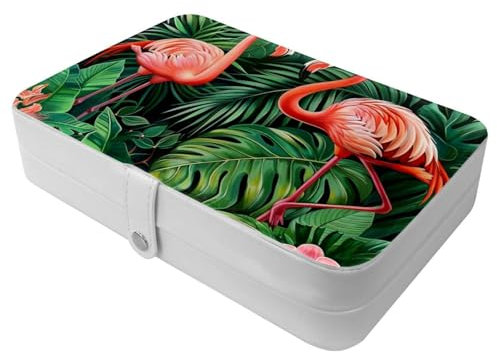 Flamingo Green Plants Floral Jewelry Box for Women, 2 Layers Large PU Leather Jewelry Organizer Storage Case with Removable Pad for Earrings, Mother's Day Gift
