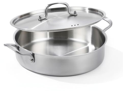 Yeksum Deep Frying Pan With Lid, 6 Quart Tri-Ply Stainless Steel Saute Pan, 12inch Rondeau Pot Compatible With All Cooktops Up to 600