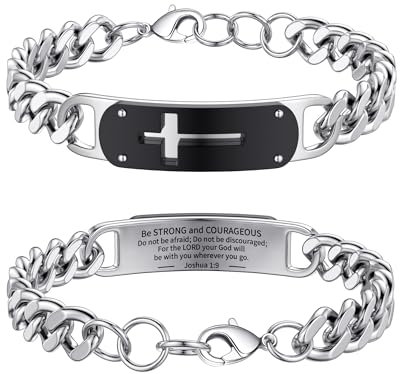 Rajputana Cross Bracelet for Men, Silver Stainless Steel Cuban Cross Chain Link Bracelet Bible Verse Bracelets Jewelry Gifts Adjustable Wrist Cross Chain Bracelet for Men Boys Inches Joshua 1:9