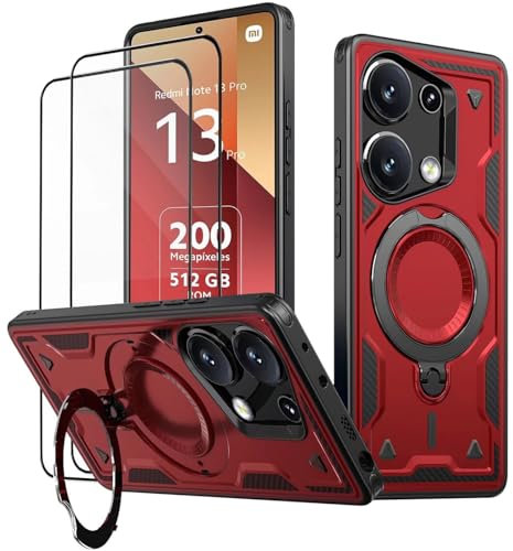 KANSi Coque pour Xiaomi Poco M6 Pro/Redmi Note 13 Pro 4G (Pas 5G) avec Verre Trempé*2, Militaire Etui Antichoc Housse avec Téléphone avec Anneau et Support - Coques Rouge