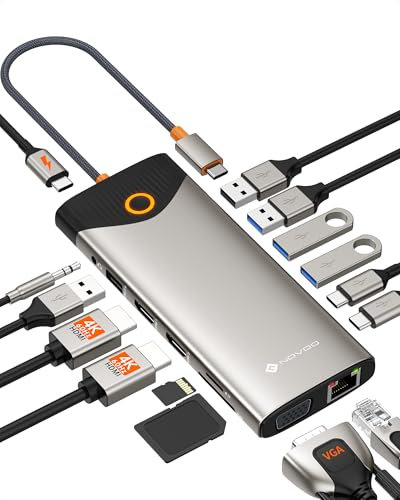 NOVOO Docking Station, 15 in 1 USB C Hub with Dual 4K@60Hz HDMI Adapter, USB C/A Ports, 100W PD, RJ45, SD/TF and Audio, Multiport Adapter for MacBook/iPad/iPhone/Dell/HP/Lenovo