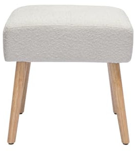 Miliboo Guesta Hocker, niedrig, aus Stoff, Wolloptik, gekräuselt, Weiß und helles Massivholz, Höhe 46 cm