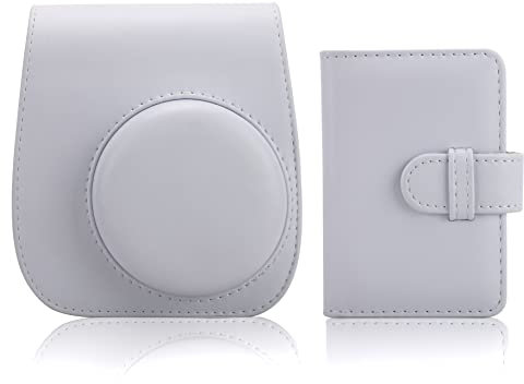 QICNMFA Kamera Tasche Kompatibel mit Fujifilm Instax Mini 12 11 9 8 8+ Sofortbildkamera PU Leder Kameratasche mit 28 Taschen Mini Fotoalbum und Verstellbarem Schulterriemen (Tonweiß)