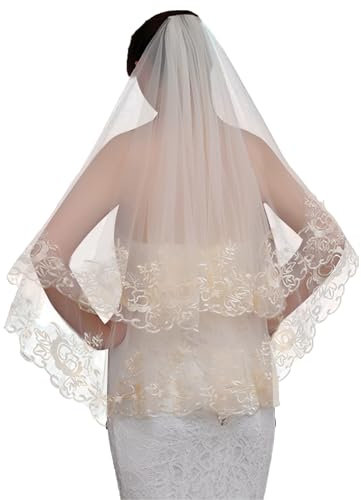 HUAEDNWKYI Schleier Braut Hochzeit Spitze Applikationen Kurzer Brautschleier lagiger weicher Tüll Brautschleier mit Kamm für Frauen Bräute Halloween Braut Kostüm（Champagnerfarbe）