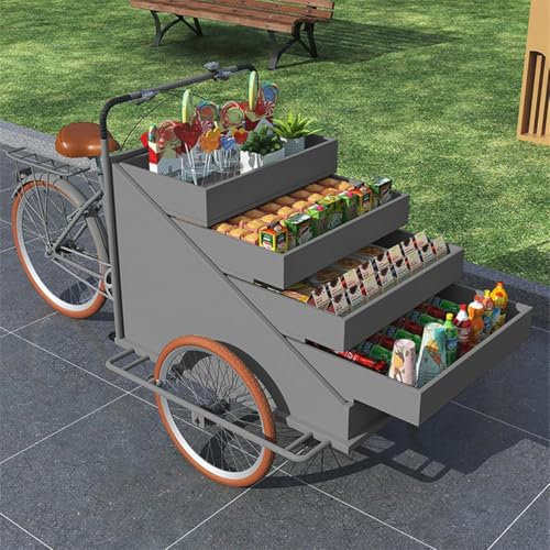 WSNCXFW Mobiler Dreirad-Verkaufswagen Trike Dreiradwagen Eiswagen Blumenwagen Snack-Food-Getränke-Kaffeewagen Anhänger Lebensmittel-Verkaufskiosk-Ständer Plattform-LKW-Wagen,Grau