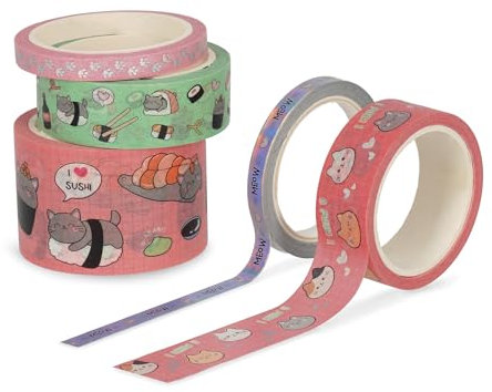 Legami - 5er Set Papierklebebänder,Tape by Tape, Kitty, bunt, zum Kleben, Dekorieren und Personalisieren, 3 verschiedene Größen, Länge je 5 Meter