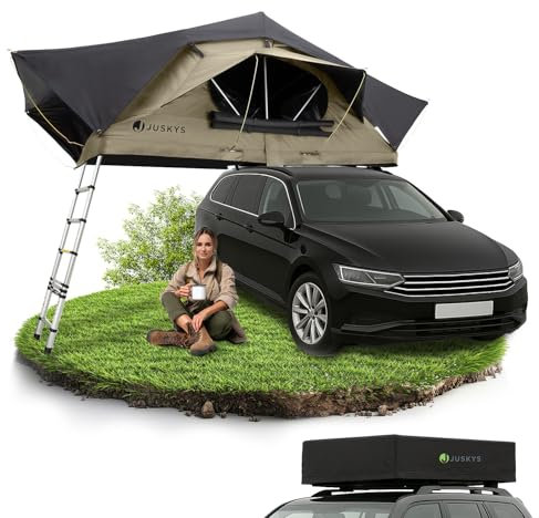 Juskys Autodachzelt Lago 140 x 240 cm - UV-Schutz & Wasserdicht - Matratze & LED-Beleuchtung - Camping & Outdoor - Teleskopleiter - Schwarz/Khaki