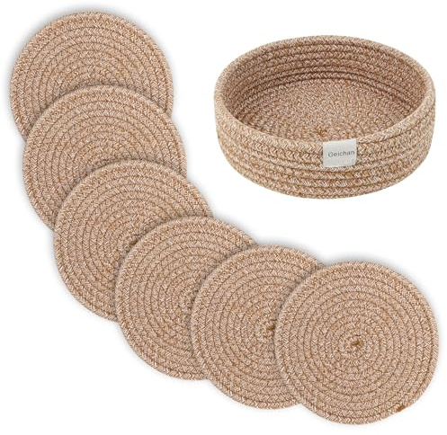 Geichan 8inch Trivets for Hot Dishes, Placemats Set of 6 with Storage Basket,Hot pots and Pans, Extra Large Thick Heat Resistant Large Coasters,Pot Holders for Kitchen (Yellowwhite Series)