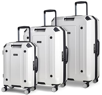 Rock Alpine Set of 3 Expanding Hard Shell Suitcase Set - White | Durable ABS/PC Shell - Includes S, M, L Sizes - Corner Protectors & Hooked Bumper Sides - 360 Swivel Wheels & TSA Lock