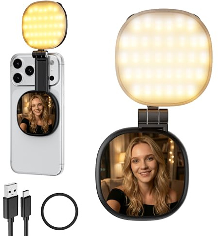 【Faltbares magnetisches Telefon Selfie-Licht】Keine Kamera blockieren CRI 95+ mit Spiegel & Einstellbar & Wiederaufladbar für Selfies/Fotografie/Vlog/Konferenz/Videoaufnahme/Content Creator (Schwarz)