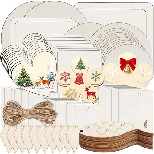 91PCS Unfinished Blank Wood Slices for Crafts, Unfinished Round Circles Square Wood Pieces,Wooden Hearts for Crafting,Pyrography Woodcraft Wooden Discs for Crafts Coasters DIY Decor Painting