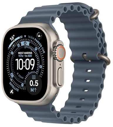 Apple Watch Ultra 3 GPS + Cellular 49mm Premium Running and Multisport Smartwatch with Rugged Natural Titanium Case with Anchor Blue Ocean Band. Advanced Health and Fitness Tracking