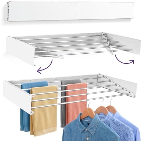 Altaudia Wandtrockner Ausziehbar 100cm Antioxidans – Unsichtbar und Klappbar mit 5 Aluminiumstangen, Ausziehbar 9.5–50 cm, Wandmontage innen Oder Außen, Einfache Montage, Faltbar