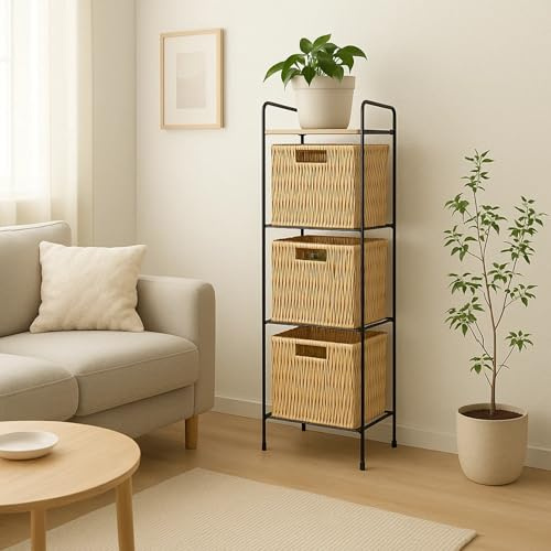 3 Drawer Slim Bathroom Storage Unit – Woven Style Plastic Organizer Cabinet Box | Compact Free Standing Storage Tower for Bathroom, Bedroom, or Laundry Room (Light wood, 3 Drawer)