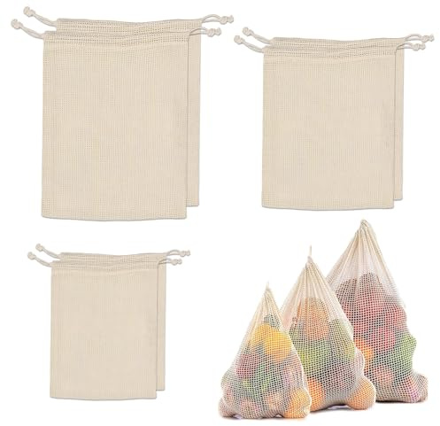 Funalix 6 Stück Obstnetz Baumwolle Einkaufsnetz, Wiederverwendbare Netztasche mit Kordelzug aus Bio-Baumwolle, Plastikfrei & Waschbar für Obst & Gemüse (3 Größen/Beige)
