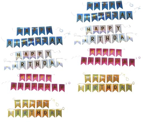 GARVALON 8 Stück Happy Birthday Geburtstagsbanner Metallische Wimpelgirlande In Gold Silber Hellblau und Pink Schillernde Partydeko für Erwachsene mit Zugband Einfache Anbringung