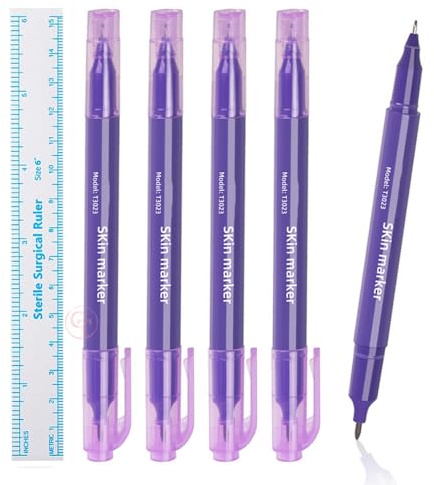 5 Stück Professioneller Tattoo-Schablonenmarker mit Papierlineal (0,5 mm und 1 mm Doppelspitze) – Microblading-Stift-Set für Augenbrauen, Lippen und Haut (Doppelkopf Lila)