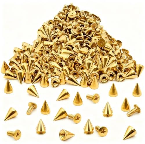 TiGog 100 Stück Nieten Punk, 7 x 10 mm Spikes Nieten Studs for Clothes, Nieten Set für Kleidung, Kegel Spikes Metall Rostfrei Ziernieten für DIY Lederhandwerk Taschen, Gold