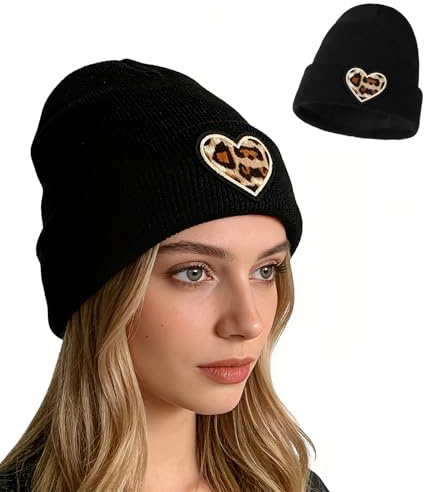TAKONE Strickbeanie Leopardenmuster Herzmotiv warm Winter | Leo Herz Design, weiches Strickmaterial, elastisch, warm, leichte Beanie, Einheitsgröße, Winter & Alltag