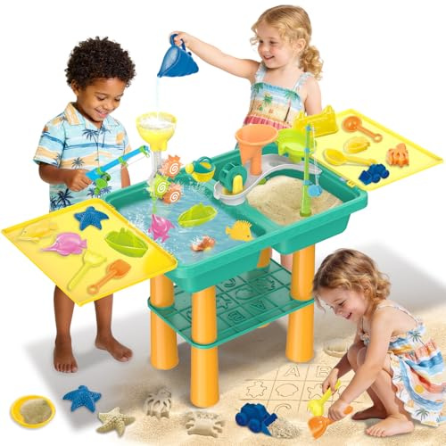 deAO Mesa de Agua y Arena 3 en 1 con Tapa - Juego Sensorial para Niños y Niñas con 24 Accesorios Juguete de Playa para Exterior, Jardín, Piscina - Regalo Ideal para Niños de 3+ Años (Verde Oscuro)