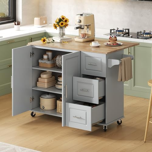 Merax Isla de cocina con encimera plegable de madera de roble, carrito de cocina móvil con 2 puertas, 3 cajones, toalleros, 137 x 43 (76) x 92 cm de alto, color gris