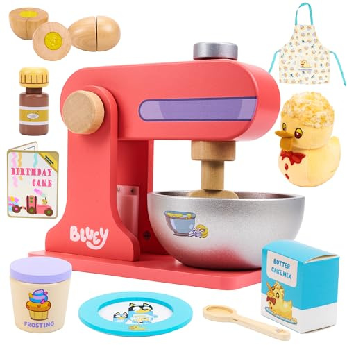 Bluey Wooden Duck Cake Baking Set for Kids – 12 Piece Pretend Play Cooking Toy with Mixer, Bowl, Recipe Book, Plush Duck Cake & Accessories, Role Play Creative Kitchen Set Gift for Boys & Girls Age 3+