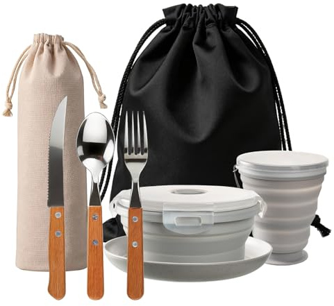 IONEKIUK 6 in 1 Foldable Camping Mess Kit Camping Cutlery Set for 1 | Camping Cutlery Set, Plate Bowl Cup Knife Fork Spoon with Bag for Camping, Hiking, Travel