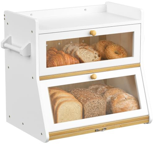 Yvsevnr Large Bamboo Bread Bin, Two-Layer Large Bread Box, White | Food Container with Transparent Window, Double Decker Bread Box with Cutting Board for Kitchen Countertop Storage