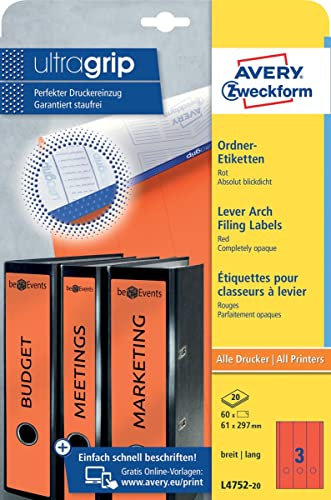 AVERY Zweckform L4752-20 Ordnerrücken Etiketten (60 Rückenschilder mit ultragrip, 61x297mm auf A4, breit/lang, selbstklebend, absolut blickdicht, bedruckbare Ordneretiketten) 20 Blatt, rot, Mittel