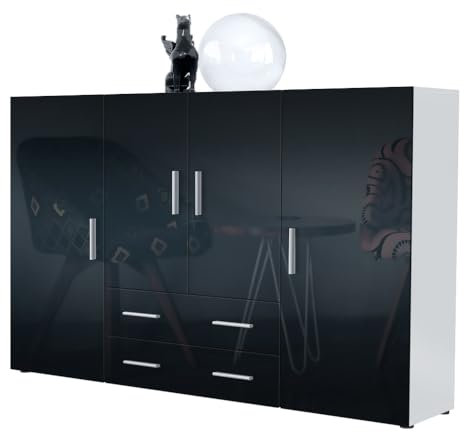 Vladon Highboard Nora Anrichte mit 2 Schubladen und 4 Türen mit insgesamt 8 Fächer dahinter, Weiß matt/Schwarz Hochglanz (166,5 x 106,5 x 35 cm)