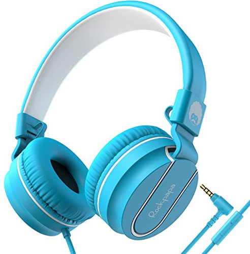 Rockpapa 952 Kids Headphones Wired, Childrens Headphones with Microphone, Foldable, Stereo Sound, 3.5mm Jack On-Ear Headphones for School/Travel/Phone/Kindle/PC/MP3 (Blue)