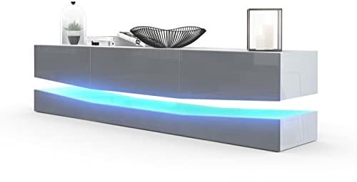 Vladon Lowboard City, Made in Germany, TV-Kommode mit Sockelelement, 1 offenem Fach und 3 Schubkästen, Weiß Hochglanz/Grau Hochglanz, inkl. LED-Beleuchtung (178 x variabel x 39 cm)