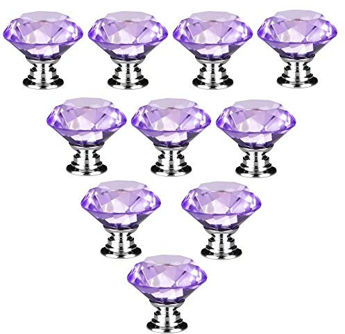 10 PCS Purple 40MM Flat Round Crystal Glass Cabinet Door Knobs Cupboard Drawer Cabinet Furniture Kitchen Wardrobe Dresser Diamond Cut Pull Handle
