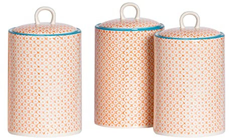Nicola Spring Patterned Porcelain Tea/Coffee/Sugar Canisters - Orange Print Design - Pack Of 3