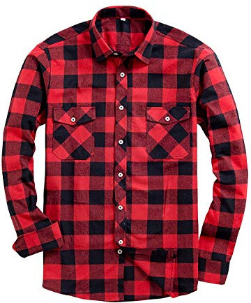Alimens & Gentle Camisas Casuales de Franela a Cuadros de Manga Larga con Botones para Hombre, Cuadros Rojo/Negro, Large
