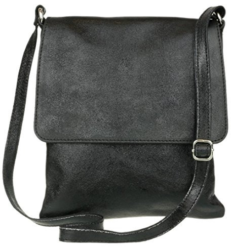 Girly Handbags Womens Genuine Soft Leather Italian Cross Body Messenger Bag Vera Plelle Shoulder Bag Flap Zipper (Metallic Black)