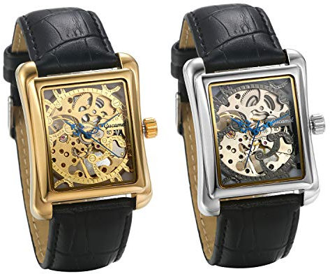 JewelryWe 2pcs Herrenuhr Analog Automatik Uhr Automatische Mechanische Leder Band Rechteck Skelett Armbanduhr Automatikuhr, Gold Silber