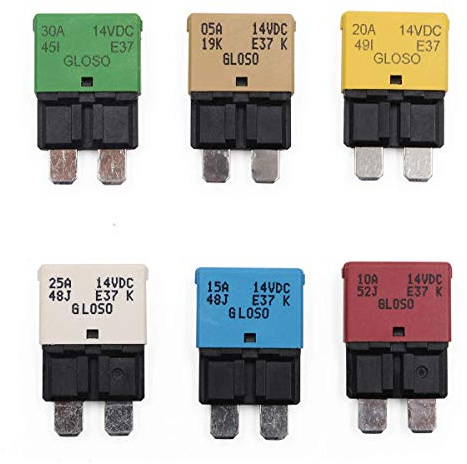 T Tocas E37 Lot de 6 disjoncteurs à lame de fusible ATC ATO à réinitialisation automatique (T1) 12 V DC 5 A 10 A 15 A 20 A 25 A 30 A Amp pour voiture, SUV, camping-car, système de batterie solaire