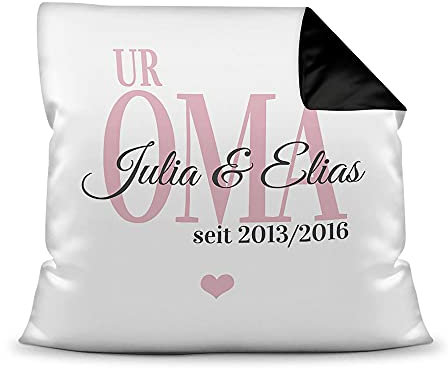 Kissen mit Füllung - Uroma seit - zum selbst gestalten mit Kindernamen und Geburtsjahren - Geschenk für die Beste Uroma - Farbkissen Rückseite Schwarz, 40x40 cm
