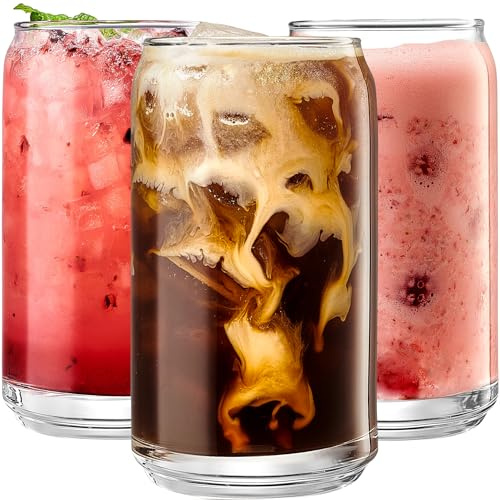 Le'raze Set of 6 Patented Can Shaped® Drinking Glasses - 16oz Clear Goblet Glass Cups for Margarita, Cocktails, Iced Coffee, Tea, Soda, Whiskey, Water and Beer