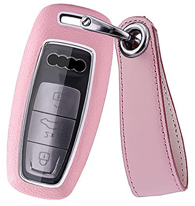 HIBEYO Smart Autoschlüssel Hülle passt für Audi A6 A7 A8 Q3 Q5 Q7 Q8 A6L S7 RS8 E-Tron 3-Tasten Schutzhülle Schlüsselanhänger Schlüsselbox Schutz Etui Schlüsselhülle Fernbedienung Cover Leder-Rosa