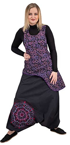 Kunst und Magie Ibiza Latzhose Haremshose Hose PSY Goa 70er Overall Hippie Boho, Größe:3XL, Farbe:Schwarz/Lila