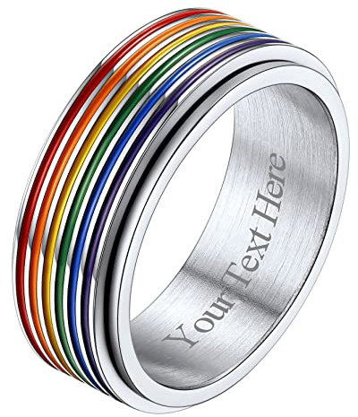 Richsteel Damen Herren Silberring LGBT Bandring Regenbogen Fingerring in Ringgröße 59 mit Gravur für Geburtstag Weihnachten Halloween