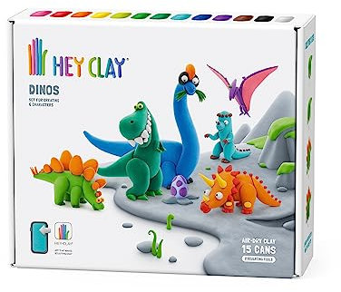 Hey Clay Dinos-Set – bunte Modellier-Kinder – lufttrockenes Ton-Set 15 Dosen und Modellierwerkzeuge mit lustiger interaktiver Anleitung