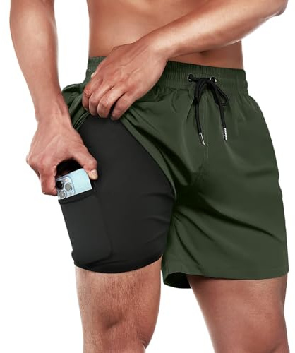 ineepor Badehose Herren mit Kompression Badehose mit innenhose Board Shorts 2 in 1 Reißverschlusstasche kurz Badehose