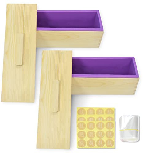 Artcome Lot de 2 moules rectangulaires en silicone pour pain de savon de 1 200 ml avec couvercle, 100 sacs et 36 autocollants